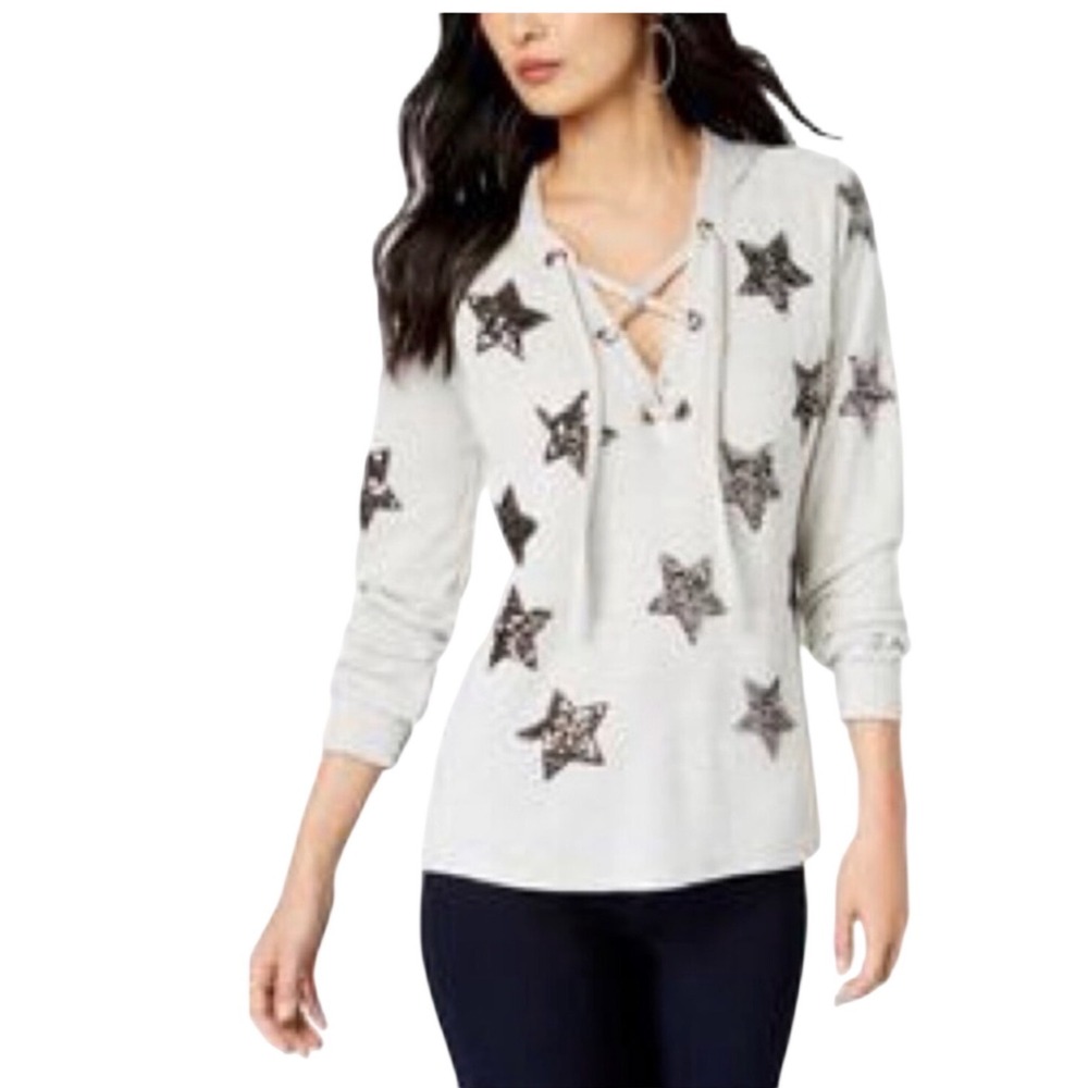 INC Hoodie Womens L Gray Star Sequin‎ Lace Up Raglan Pullover Sweatshirt Hoodie